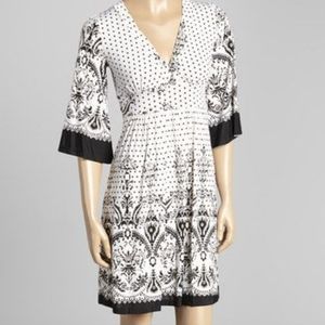 Black & white polka dot empire waist kimono dress Avital L bell sleeve